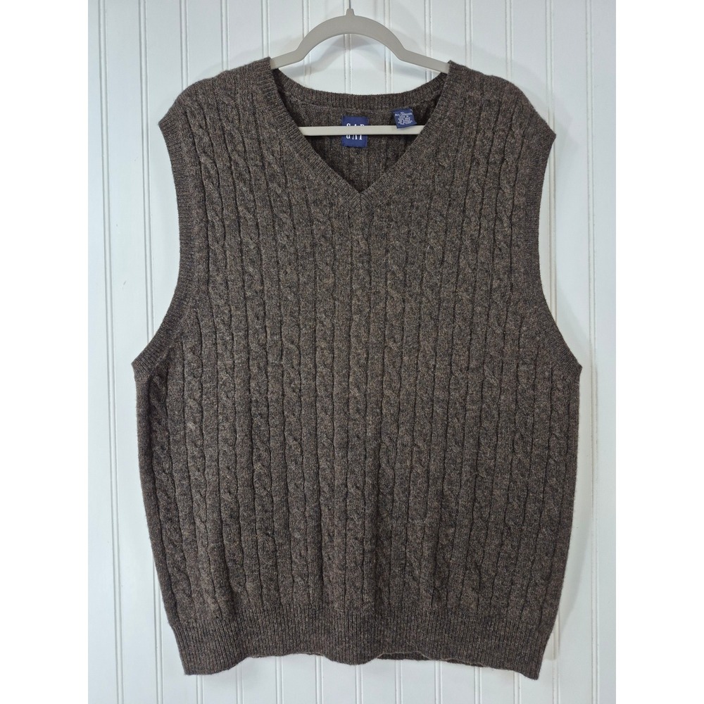 Gap Mens Heather Grey Cable Knit 100% Lambswool V-Neck Sweater Vest XL Preppy